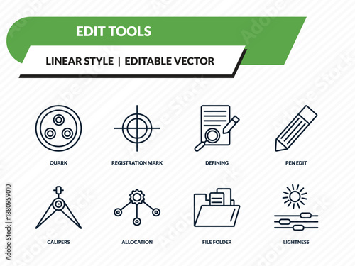 edit tools icons set - quark, registration mark, defining, file folder, lightness outline vector collection.