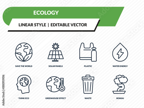 ecology icons set - save the world, solar panels, plastic, waste, bonsai outline vector collection.