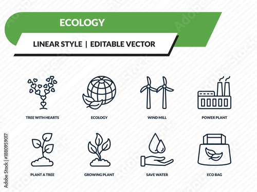 ecology icons set - tree with hearts, ecology, wind mill, save water, eco bag outline vector collection.