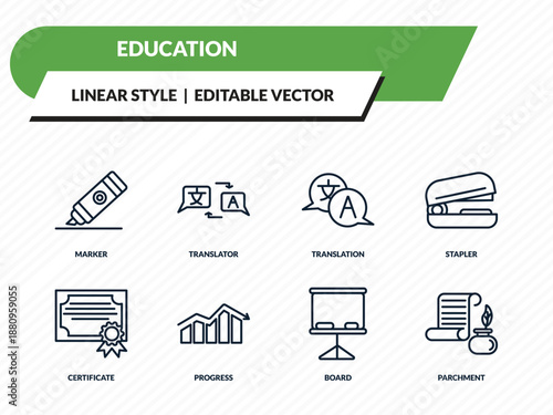 education icons set - marker, translator, translation, board, parchment outline vector collection.