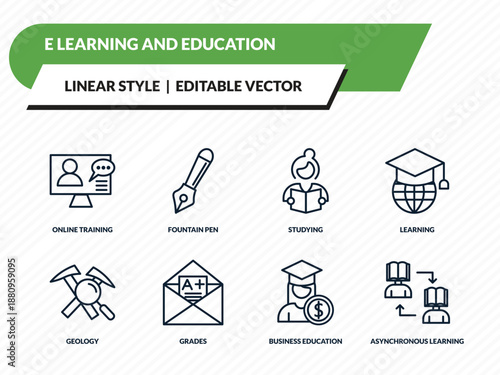 e learning and education icons set - online training, fountain pen, studying, business education, asynchronous learning outline vector collection.