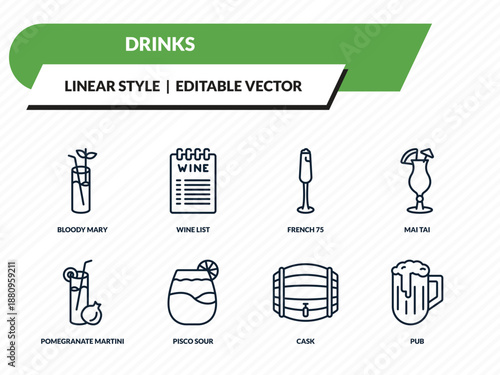 drinks icons set - bloody mary, wine list, french 75, cask, pub outline vector collection.
