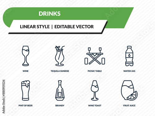 drinks icons set - wine, tequila sunrise, picnic table, wine toast, fruit juice outline vector collection.