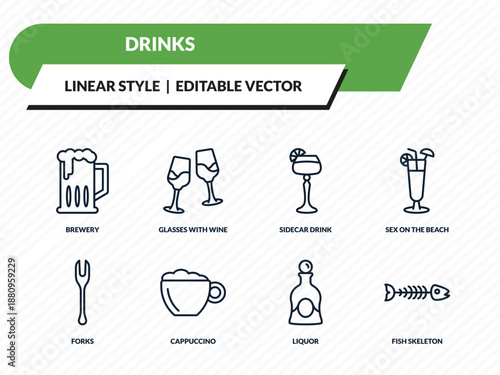 drinks icons set - brewery, glasses with wine, sidecar drink, liquor, fish skeleton outline vector collection.