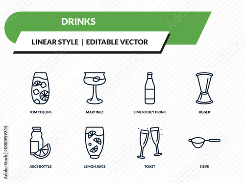 drinks icons set - tom collins, martinez, lime rickey drink, toast, sieve outline vector collection.