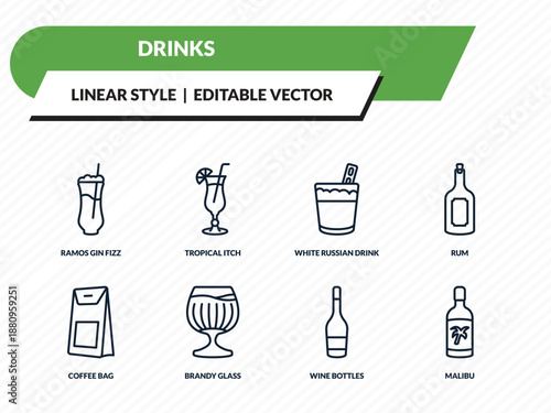 drinks icons set - ramos gin fizz, tropical itch, white russian drink, wine bottles, malibu outline vector collection.