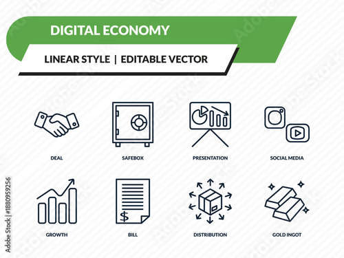 digital economy icons set - deal, safebox, presentation, distribution, gold ingot outline vector collection.