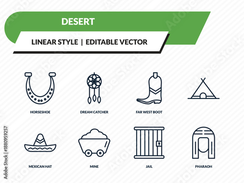 desert icons set - horseshoe, dream catcher, far west boot, jail, pharaoh outline vector collection.