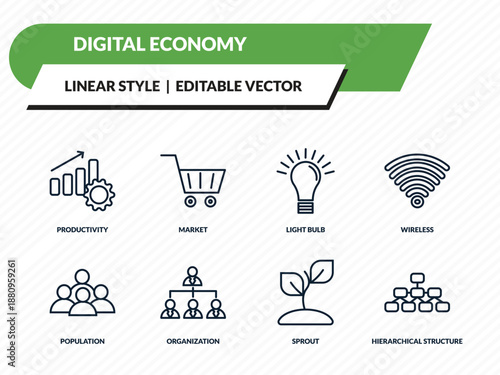 digital economy icons set - productivity, market, light bulb, sprout, hierarchical structure outline vector collection.
