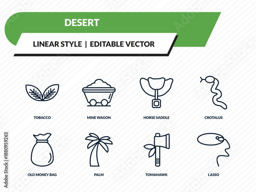 desert icons set - tobacco, mine wagon, horse saddle, tomahawk, lasso outline vector collection.