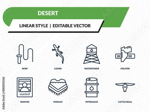 desert icons set - whip, lizard, watertower, petroleum, cattle skull outline vector collection.