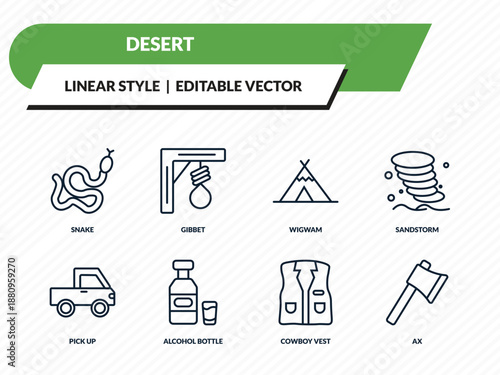 desert icons set - snake, gibbet, wigwam, cowboy vest, ax outline vector collection.