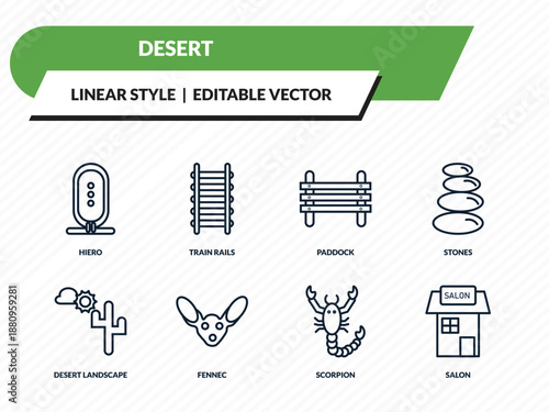 desert icons set - hiero, train rails, paddock, scorpion, salon outline vector collection.
