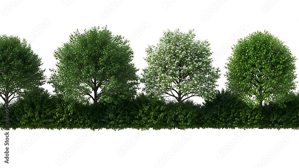Obraz premium green trees and bushes with a single blossoming white flower tree isolated on white for landscaping and architectural visualization backgrounds