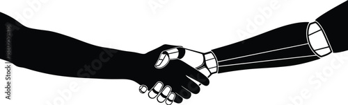 Black and white conceptual illustration depicting a firm handshake between a human hand and a futuristic robotic prosthetic arm symbolizing partnership and technological integration