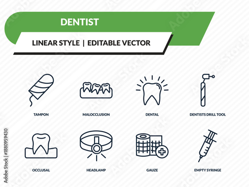 dentist icons set - tampon, malocclusion, dental, gauze, empty syringe outline vector collection.