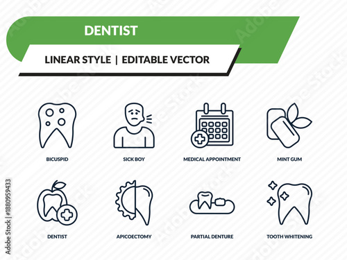 dentist icons set - bicuspid, sick boy, medical appointment, partial denture, tooth whitening outline vector collection.