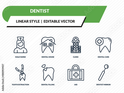 dentist icons set - male nurse, dental house, clinic, aid, dentist mirror outline vector collection.