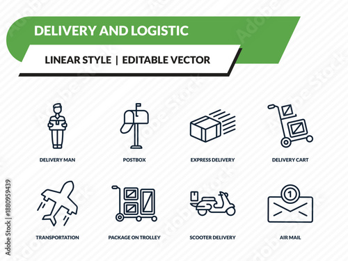 delivery and logistic icons set - delivery man, postbox, express delivery, scooter air mail outline vector collection.