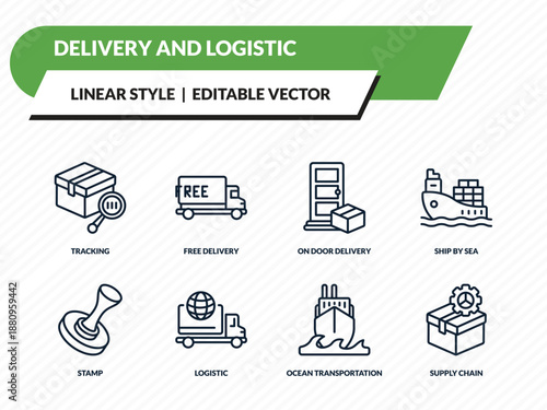 delivery and logistic icons set - tracking, free delivery, on door delivery, ocean transportation, supply chain outline vector collection.