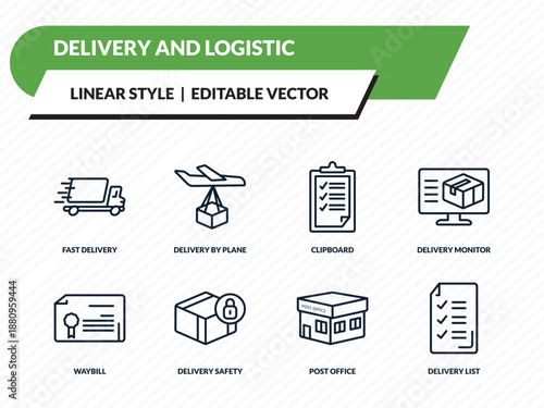 delivery and logistic icons set - fast delivery, delivery by plane, clipboard, post office, list outline vector collection.