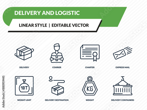 delivery and logistic icons set - delivery, courier, charter, weight, delivery containers outline vector collection.