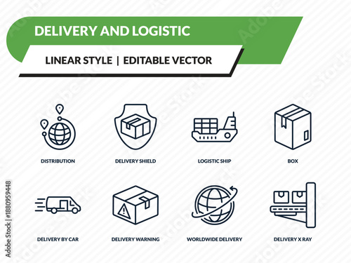 delivery and logistic icons set - distribution, delivery shield, logistic ship, worldwide delivery, x ray outline vector collection.