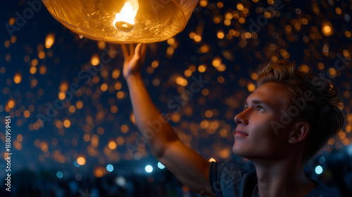 thousands of floating sky lanterns rising into a deep black night sky during the Loy Krathong / Yi Peng festival in Chiang Mai, Thailand