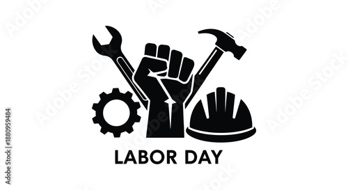 A striking depiction of labor day with tools a raised fist and a hardhat all presented in a bold silhouette