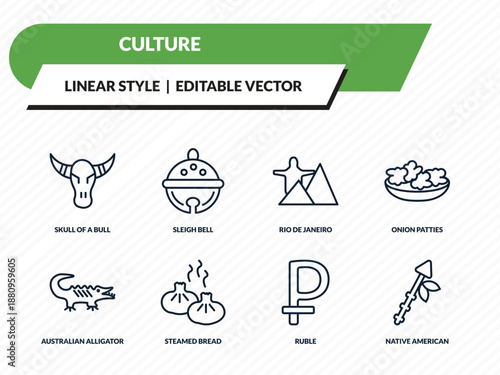 culture icons set - skull of a bull, sleigh bell, rio de janeiro, ruble, native american spear outline vector collection.