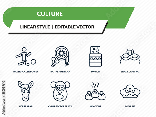 culture icons set - brazil soccer player, native american drum, turron, wontons, meat pie outline vector collection.