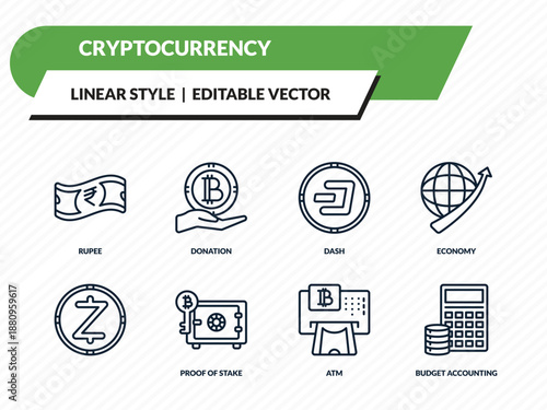 cryptocurrency icons set - rupee, donation, dash, atm, budget accounting outline vector collection.