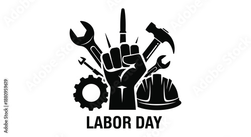 A striking black design showcases a clenched fist holding various tools symbolizing labor and industry with gears and text below silhouette