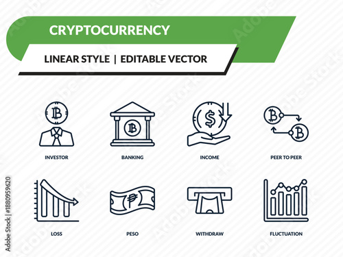 cryptocurrency icons set - investor, banking, income, withdraw, fluctuation outline vector collection.