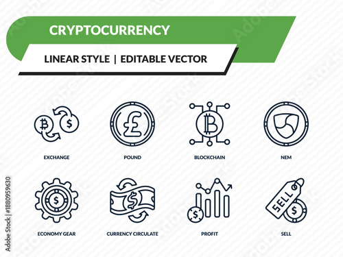 cryptocurrency icons set - exchange, pound, blockchain, profit, sell outline vector collection.