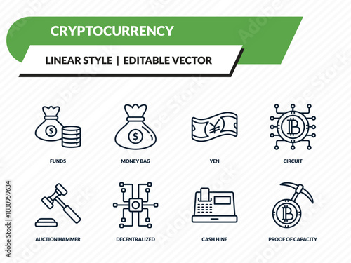 cryptocurrency icons set - funds, money bag, yen, cash hine, proof of capacity outline vector collection.
