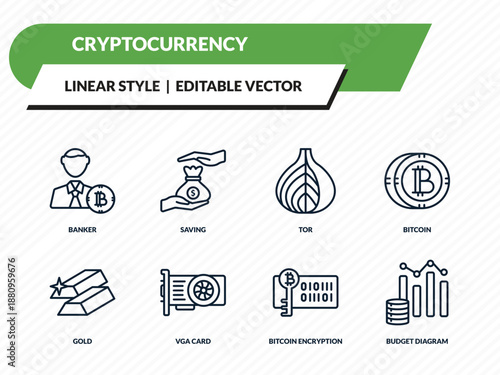 cryptocurrency icons set - banker, saving, tor, bitcoin encryption, budget diagram outline vector collection.