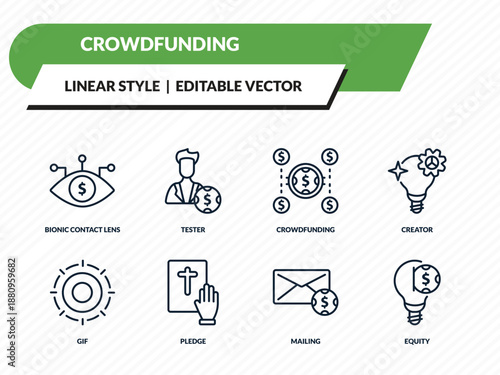 crowdfunding icons set - bionic contact lens, tester, crowdfunding, mailing, equity outline vector collection.