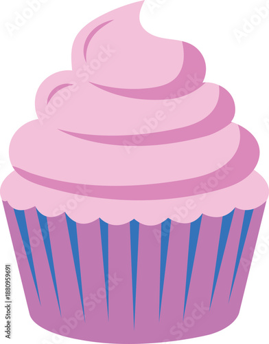 Delicious pink cupcake with fluffy frosting and colorful wrapper sweet dessert vector illustration