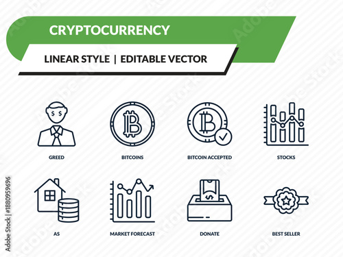cryptocurrency icons set - greed, bitcoins, bitcoin accepted, donate, best seller outline vector collection.