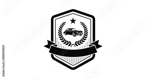 black and white logo featuring a car with laurel wreath and star silhouette high quality professional detailed modern elegant stylish clean