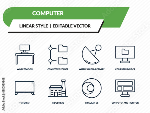 computer icons set - work station, connected folder data, wireless connectivity, circular de, computer and monitor outline vector collection.
