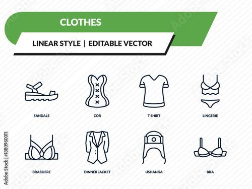 clothes icons set - sandals, cor, t shirt, ushanka, bra outline vector collection.
