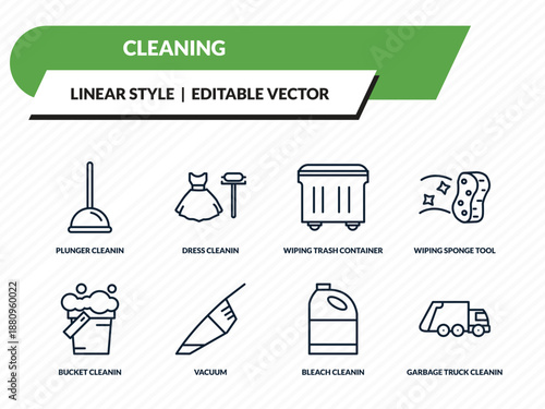 cleaning icons set - plunger cleanin, dress cleanin, wiping trash container, bleach cleanin, garbage truck outline vector collection.