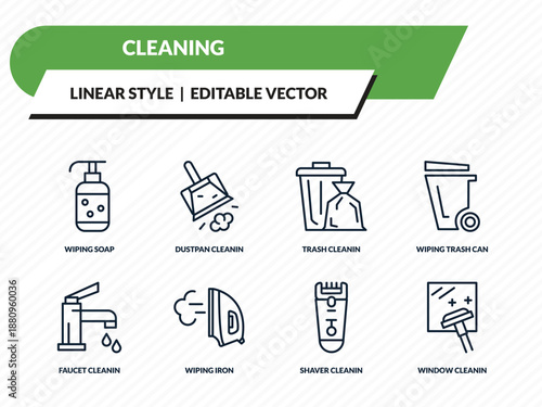 cleaning icons set - wiping soap, dustpan cleanin, trash cleanin, shaver cleanin, window outline vector collection.