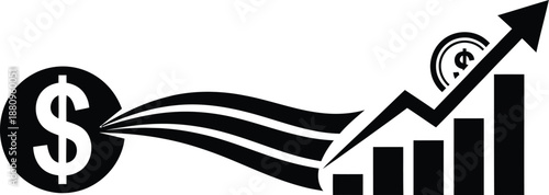 Abstract vector graphic design symbolizing the powerful flow of money toward increasing financial success illustrated by rising bar charts and an upward trend arrow
