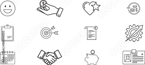 A professional black vector icon set featuring business, finance, and computer symbols for web design and internet media illustrations including money and car sign icons