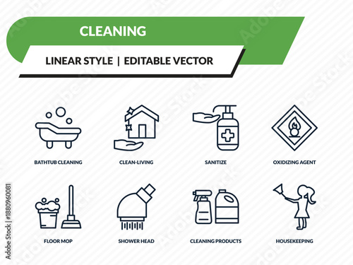 cleaning icons set - bathtub cleaning, clean-living, sanitize, cleaning products, housekeeping outline vector collection.