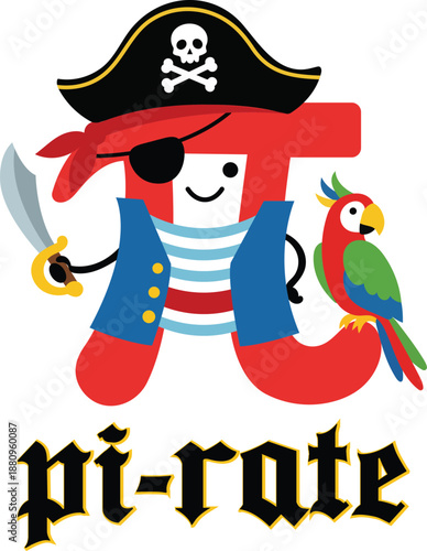 Funny pirate Pi character with eyepatch, sword and parrot for Pi Day math theme vector illustration