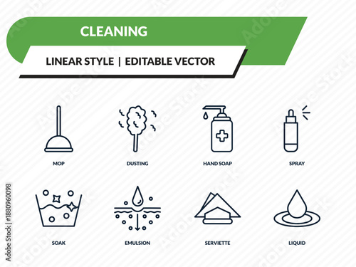 cleaning icons set - mop, dusting, hand soap, serviette, liquid outline vector collection.